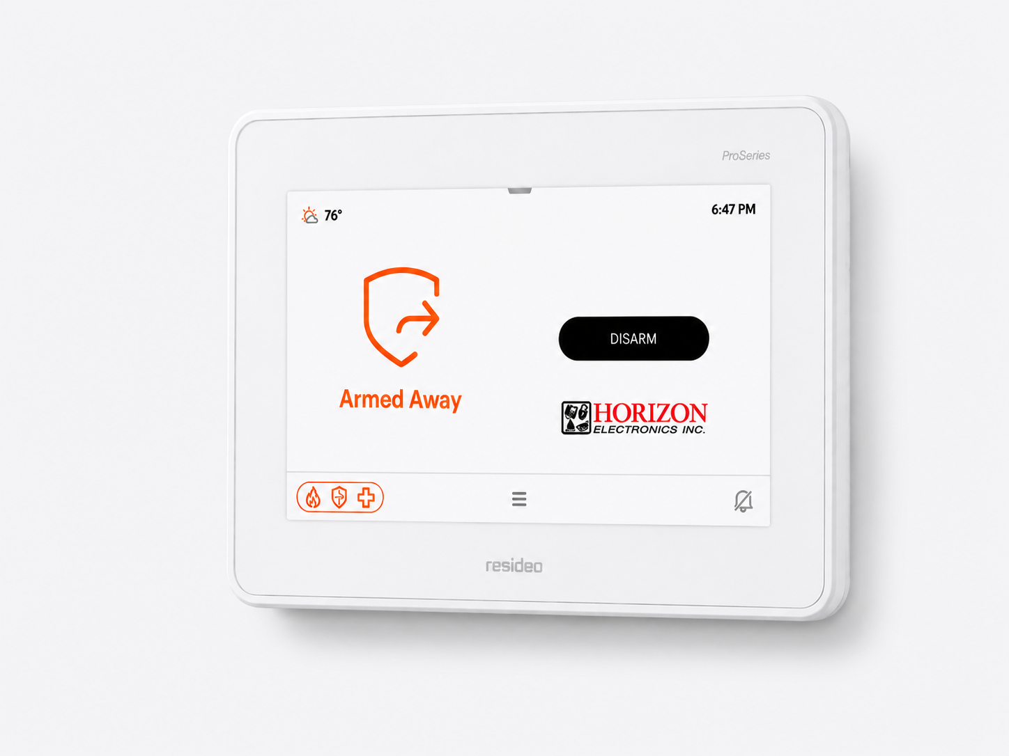 Touchscreen security keypad showing Armed Away